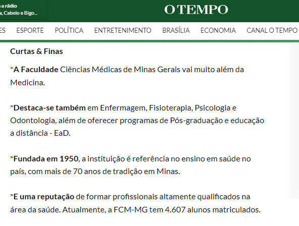 Faculdade Ciências Médicas de Minas Gerais é destaque na coluna do